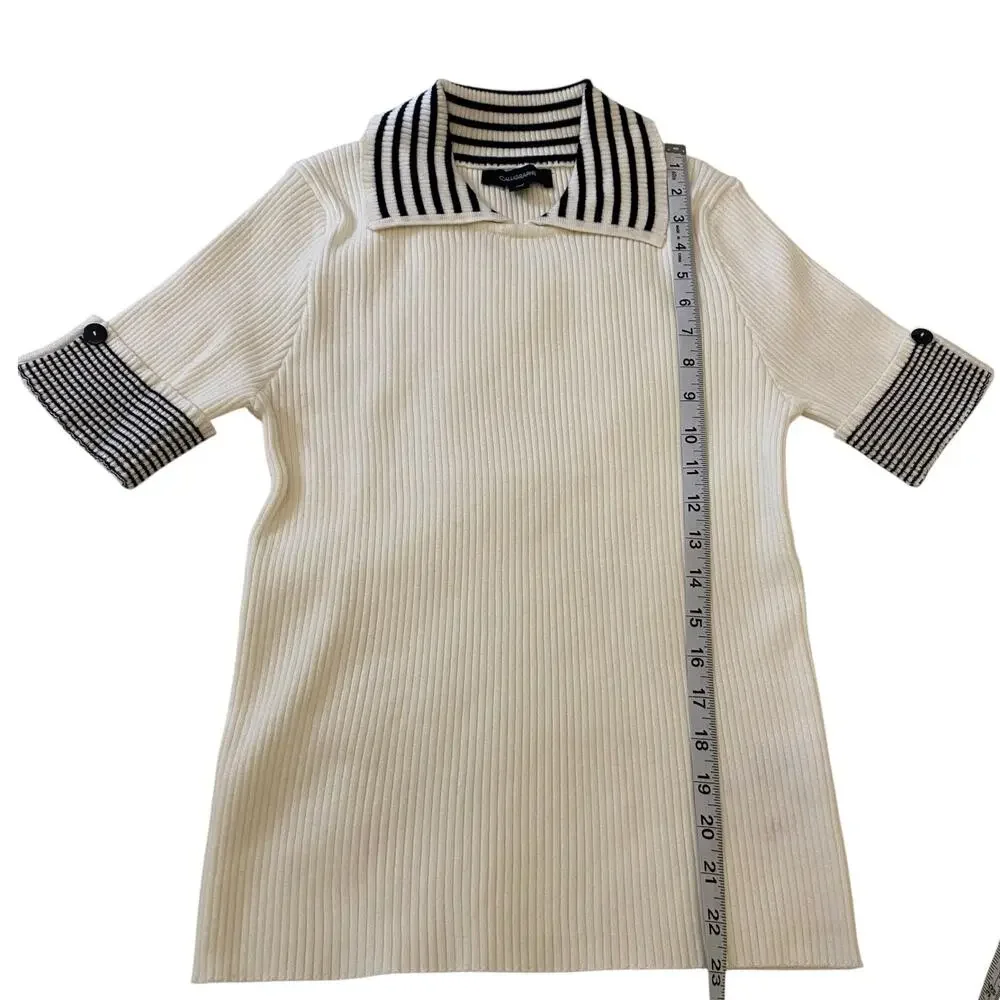 Women's Sz Medium Calligraphie Collared Short Sleeve Fitted Black/White Sweater